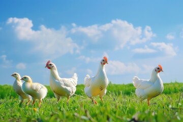 A group of chickens are walking in a field