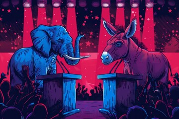 The elephant and donkey political debate. Metaphor with Republicans and Democrats in US politics....