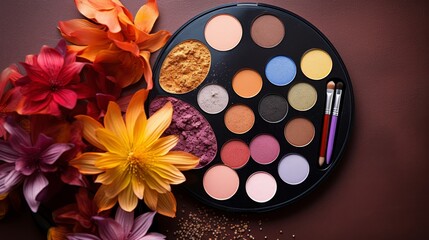 Professional makeup flat lay, suitable for beauty bloggers focusing on film and theater makeup essentials