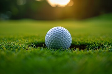 Obraz premium A golf ball is sitting in a hole on a green grass field