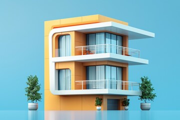 A tall building with a white trim and orange trim