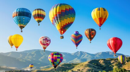 Obraz premium Colorful hot air balloons on a beautiful mountain background