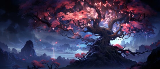 Illustration of an ancient tree with luminous flowers and mystical creatures for an ereader midnight realm screen saver