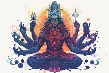 A man with a blue face and a blue hat is sitting in a lotus position