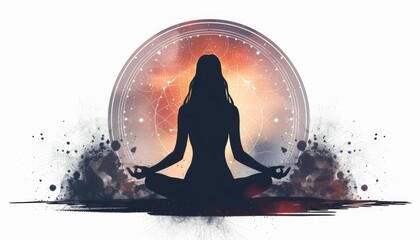 A woman is sitting in a lotus position in the center of a circle