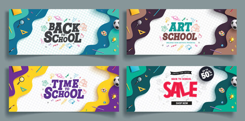 Back to school vector banner set design. School greeting, sale promotion, art school and time to school text in paper grid space for educational lay out collection. Vector illustration school back 