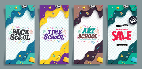 Back to school vector poster set design. Time to school, art school and promotion sale text in paper cut template for educational banner collection. Vector illustration school greeting poster set. 
