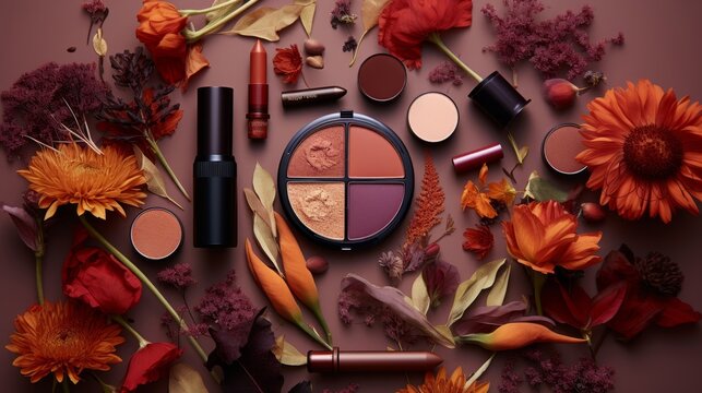 Flat lay of autumninspired makeup shades, including burnt orange lipsticks and deep plum blushes