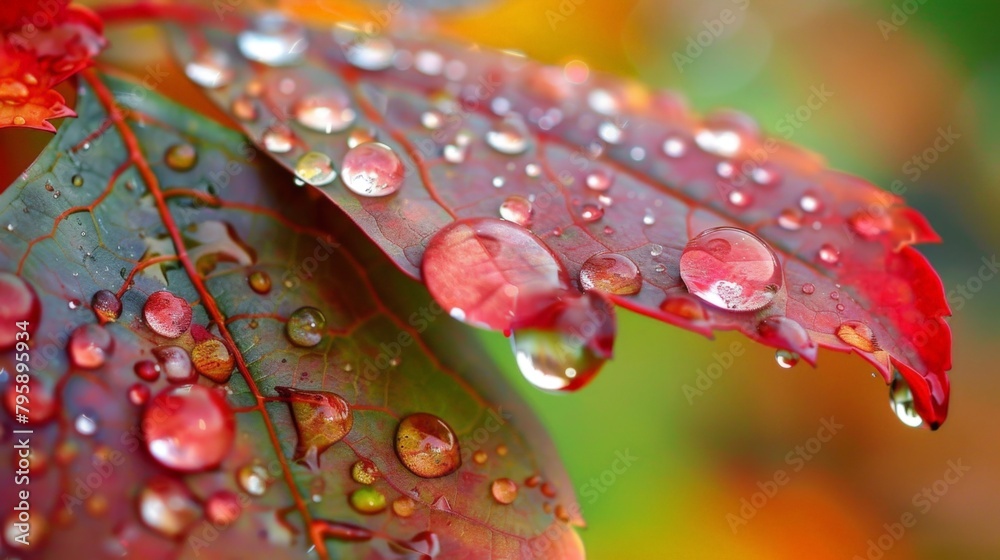 Wall mural leaf with water drops close-up