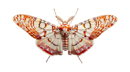 A white moth with dark spots on its wings isolated against the background