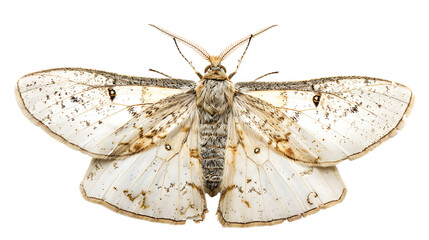 A white moth with dark spots on its wings isolated against the background