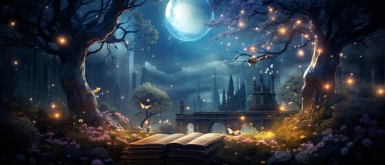 Enchanted midnight realm on an ereader screen, where mythical creatures roam under a canopy of glowing stars