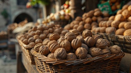 Many nuts in baskets on outdoor table