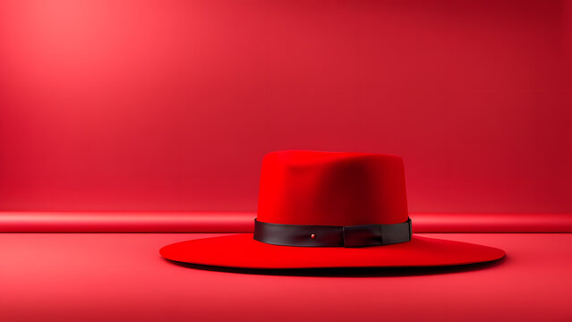 A red hat with a black band sits on a red background
