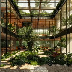 An atrium with a lot of plants and sunlight