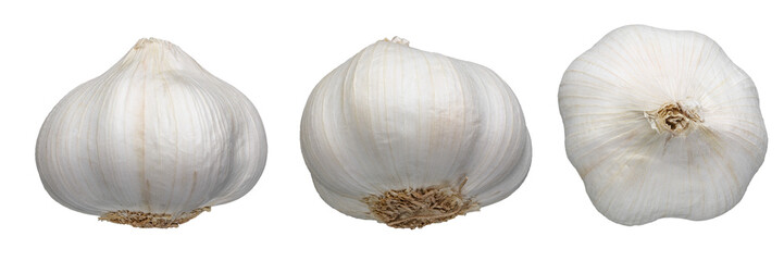 White Garlic clove and bulb isolated on transparent background. Commercial stock photo, PNG file.