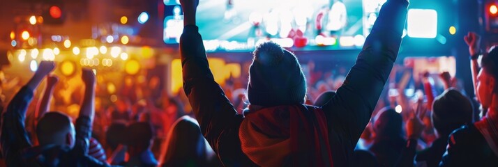 Blurred figures in the football bar during long exposure. football fans with scarves raise their hands up and rejoice at the goal