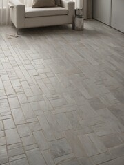 Light streams across stone tile floor, illuminating varied shapes, sizes of individual tiles. Tiles arranged in seemingly random pattern, with larger rectangular tiles interspersed with smaller.
