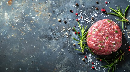 Close up of raw beef patty seasoned with herbs and salt