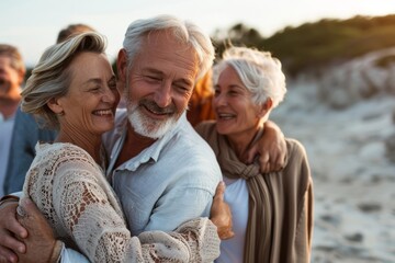 Portrait of happy senior couple embracing and looking at camera on the beach