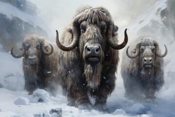 Artistic rendition of musk oxen with icicles hanging from their wool, standing stoically in a blinding snowstorm - obrazy, fototapety, plakaty