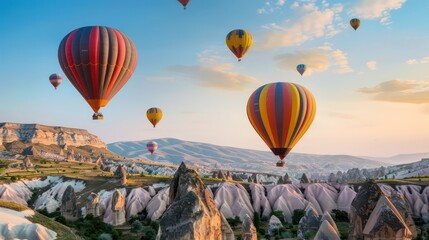 Colorful hot air balloons on a beautiful mountain background