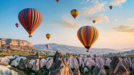Obraz premium Colorful hot air balloons on a beautiful mountain background