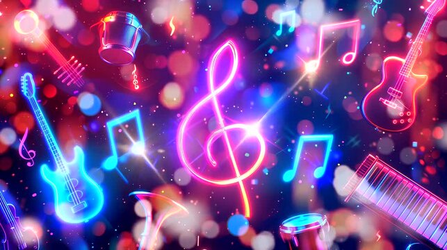 Central music note in colorful radiance. Looping 4k video animation background