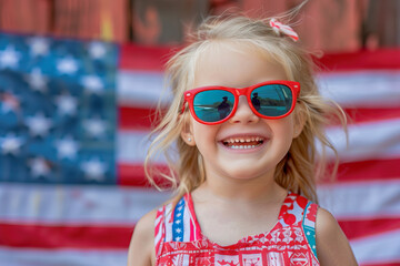 Cute Caucasian little girl wearing sunglasses posing with American flag as backgorund for 4th of July Independence Day