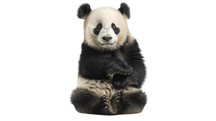  Giant Panda sitting down with its paws together, white background