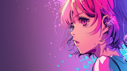 Anime style illustration of girl with pink background