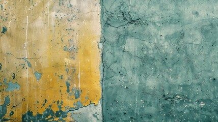 Textured wall with peeling paint in blue and yellow