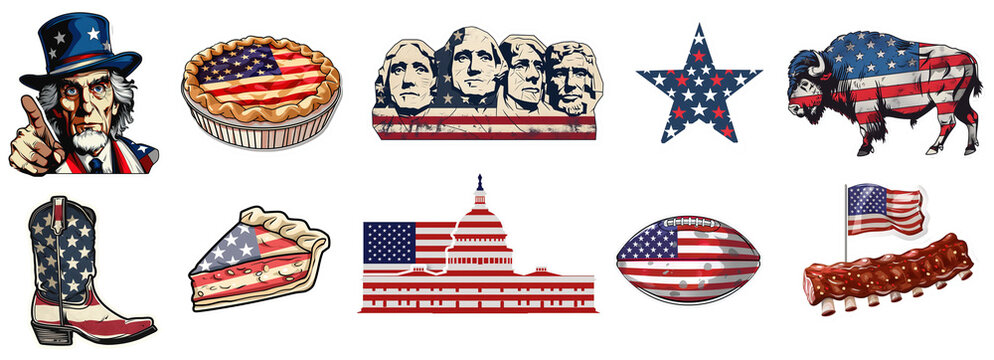 4th of July American Independence day sticker collection over white transparent background