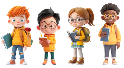 School children holding notebooks and books posing over isolated transparent background. 3D cartoon characters from different ethnicities