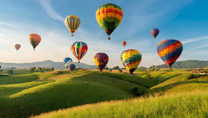 Obraz premium Multiple colorful hot air balloons spread out over the grassland. The sky and hot air balloons. A hot air balloon with a spectacular view.