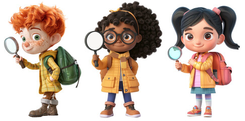 Three cartoon characters of different ethnicities school children using magnifying glasses for investigation. Isolated over white transparent background