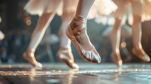 Close-up of ballet dancers' feet in pointe shoes on stage