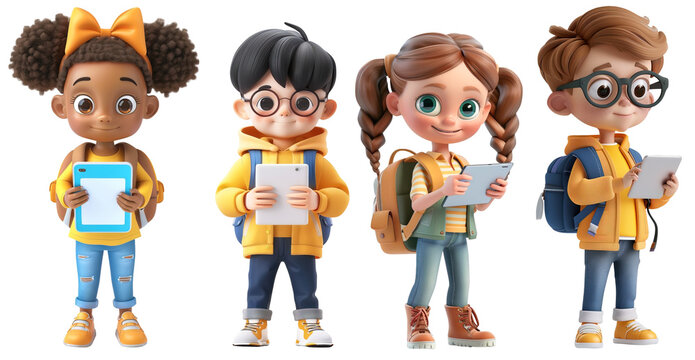 Cartoon characters 3D of school children of different ethnicities using digital tablet. Isolated transparent background