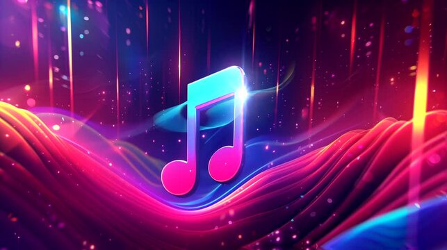 Sound waves with central music note in colorful radiance. Looping 4k video animation background