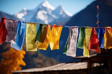 Tibetan prayer flags outdoors nature clothesline.