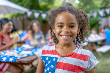 Adorable little African American girl using American t-shirt during neighborhood celebrations in the backyard for Independence day