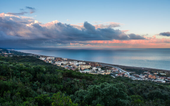  Small village with morning in state of Jijel, Algeria, rural village, A beautiful Mediterranean village in North Africa, Algeria from above, A small town overlooking the Mediterranean sea.
