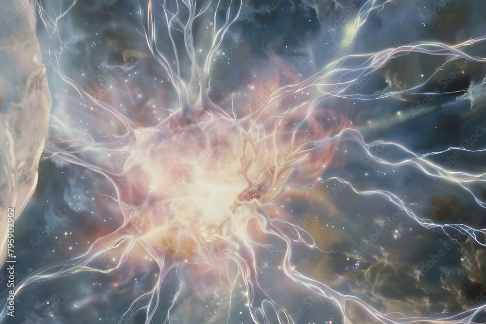 Poster volumetric epic quantum computing core, glowing with energy, intricate data streams, abstract algori