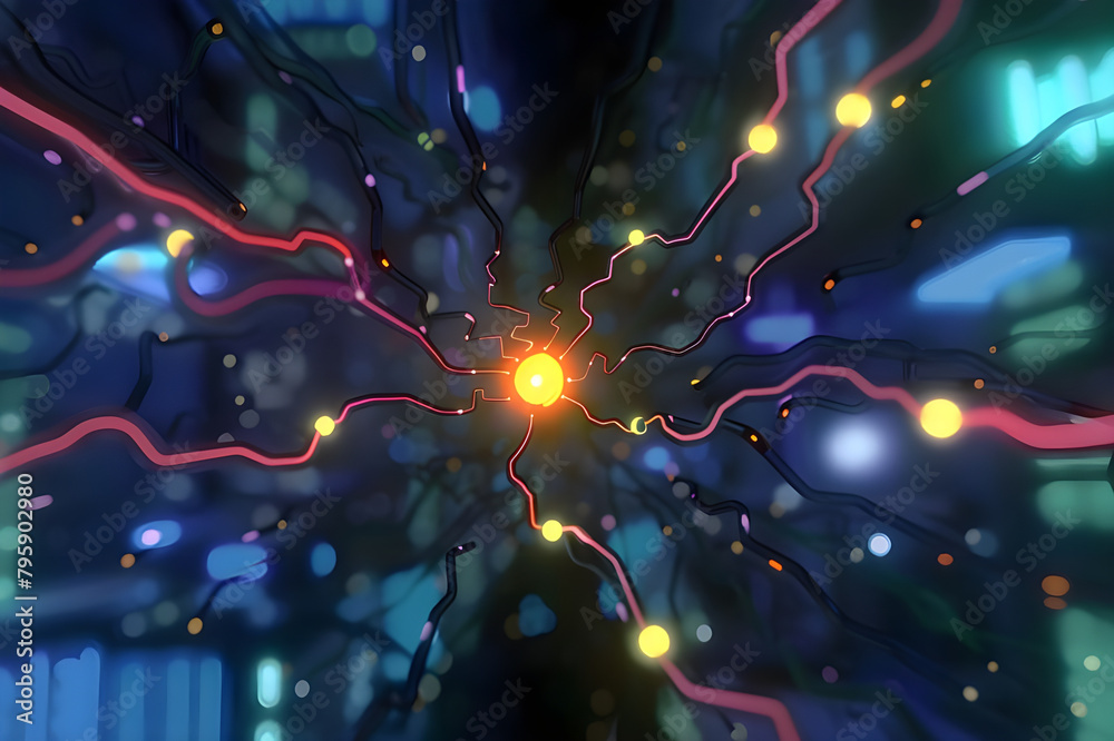 Poster volumetric epic quantum computing core, glowing with energy, intricate data streams, abstract algori