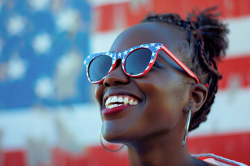 Headshot portrait of African American woman celebrating 4th of July, American Independence Day