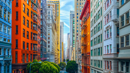 Colorful urban buildings line a city street, with a view of skyscrapers in the distance and trees at street level. - 795902981