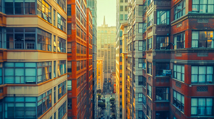 Urban high-rise buildings with a narrow view of the city street below, lit by golden sunset light. - 795902993