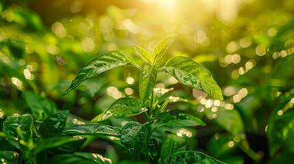 Green leaves with water droplets reflecting golden sunlight, creating a warm bokeh effect in the background. - 795903126
