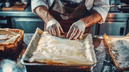 Chef's hands in gloves preparing a baking sheet, with traces of flour indicating the baking process. - 795903163