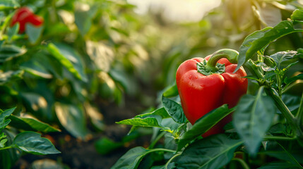 Red bell pepper in a garden bed surrounded by lush greenery and bathed in the glow of evening sunlight. - 795903167